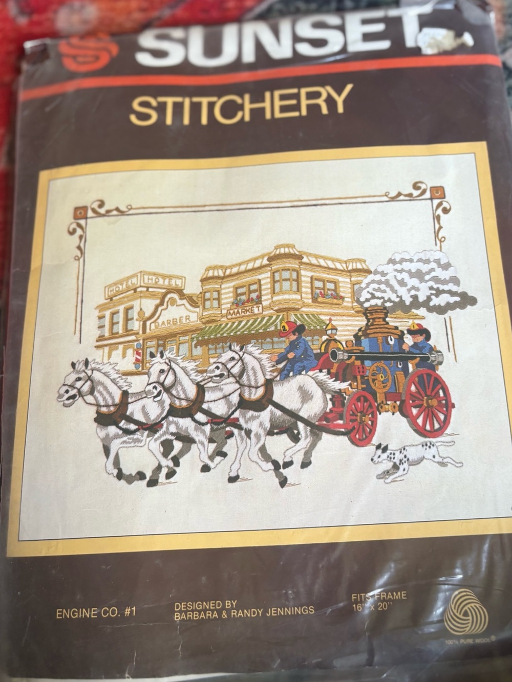 Vintage Sunset Stitchery Engine Co. #1 Crewel Embroidery Kit 16x20 Wool